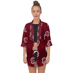 White Skulls On Red Shiny Background Open Front Chiffon Kimono by SychEva