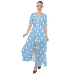 1950 Summer Sky Blue White Dots Waist Tie Boho Maxi Dress