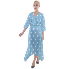 1950 Summer Sky Blue White Dots Quarter Sleeve Wrap Front Maxi Dress