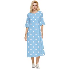 1950 Summer Sky Blue White Dots Double Cuff Midi Dress