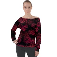 Red Abstraction Off Shoulder Long Sleeve Velour Top by SychEva