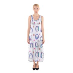 Cute And Funny Purple Hedgehogs On A White Background Sleeveless Maxi Dress