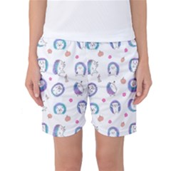 Cute And Funny Purple Hedgehogs On A White Background Women s Basketball Shorts
