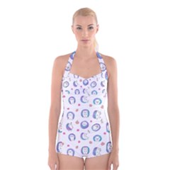 Cute And Funny Purple Hedgehogs On A White Background Boyleg Halter Swimsuit 