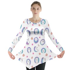 Cute And Funny Purple Hedgehogs On A White Background Long Sleeve Tunic  by SychEva