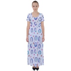 Cute And Funny Purple Hedgehogs On A White Background High Waist Short Sleeve Maxi Dress