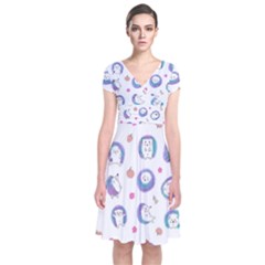Cute And Funny Purple Hedgehogs On A White Background Short Sleeve Front Wrap Dress