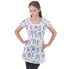 Cute And Funny Purple Hedgehogs On A White Background Puff Sleeve Tunic Top