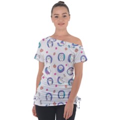 Cute And Funny Purple Hedgehogs On A White Background Off Shoulder Tie-Up Tee
