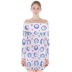 Cute And Funny Purple Hedgehogs On A White Background Long Sleeve Off Shoulder Dress