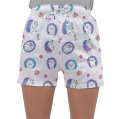 Cute And Funny Purple Hedgehogs On A White Background Sleepwear Shorts