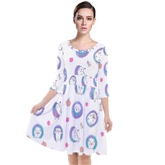 Cute And Funny Purple Hedgehogs On A White Background Quarter Sleeve Waist Band Dress