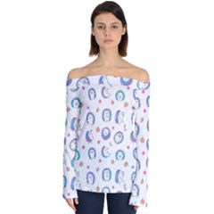 Cute And Funny Purple Hedgehogs On A White Background Off Shoulder Long Sleeve Top