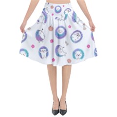 Cute And Funny Purple Hedgehogs On A White Background Flared Midi Skirt by SychEva
