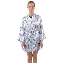 Cute And Funny Purple Hedgehogs On A White Background Long Sleeve Satin Kimono