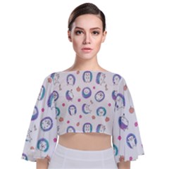 Cute And Funny Purple Hedgehogs On A White Background Tie Back Butterfly Sleeve Chiffon Top