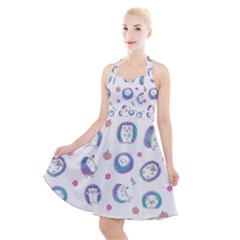 Cute And Funny Purple Hedgehogs On A White Background Halter Party Swing Dress 