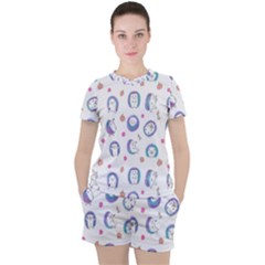 Cute And Funny Purple Hedgehogs On A White Background Women s Tee and Shorts Set