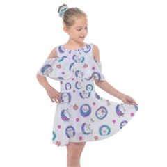 Cute And Funny Purple Hedgehogs On A White Background Kids  Shoulder Cutout Chiffon Dress