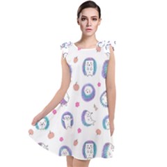 Cute And Funny Purple Hedgehogs On A White Background Tie Up Tunic Dress