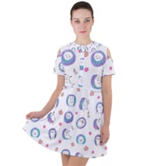 Cute And Funny Purple Hedgehogs On A White Background Short Sleeve Shoulder Cut Out Dress 