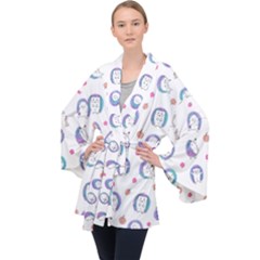 Cute And Funny Purple Hedgehogs On A White Background Long Sleeve Velvet Kimono 