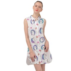 Cute And Funny Purple Hedgehogs On A White Background Sleeveless Shirt Dress by SychEva