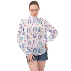 Cute And Funny Purple Hedgehogs On A White Background High Neck Long Sleeve Chiffon Top