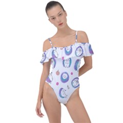 Cute And Funny Purple Hedgehogs On A White Background Frill Detail One Piece Swimsuit