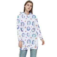 Cute And Funny Purple Hedgehogs On A White Background Women s Long Oversized Pullover Hoodie