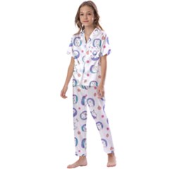 Cute And Funny Purple Hedgehogs On A White Background Kids  Satin Short Sleeve Pajamas Set