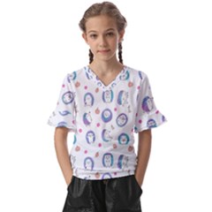Cute And Funny Purple Hedgehogs On A White Background Kids  V-Neck Horn Sleeve Blouse