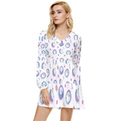 Cute And Funny Purple Hedgehogs On A White Background Tiered Long Sleeve Mini Dress