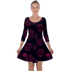 Red Sponge Prints On Black Background Quarter Sleeve Skater Dress by SychEva