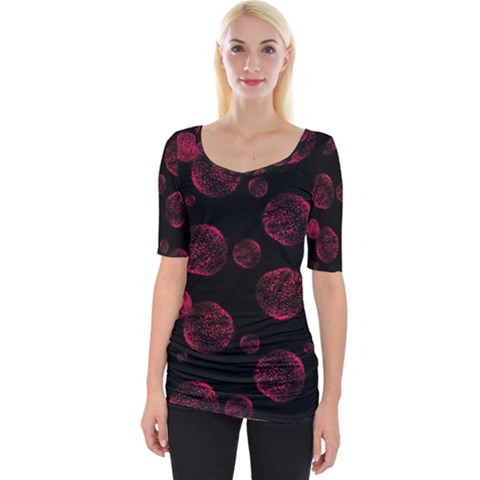 Red Sponge Prints On Black Background Wide Neckline Tee by SychEva