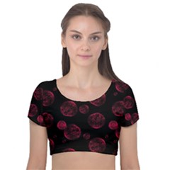 Red Sponge Prints On Black Background Velvet Short Sleeve Crop Top  by SychEva