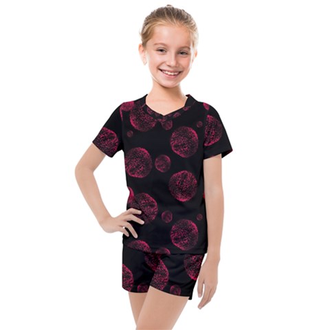 Red Sponge Prints On Black Background Kids  Mesh Tee And Shorts Set by SychEva