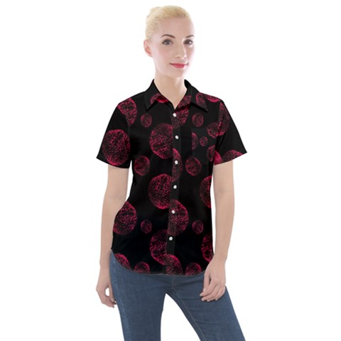 Red Sponge Prints On Black Background Women s Short Sleeve Pocket Shirt by SychEva