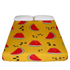 Slices Of Juicy Red Watermelon On A Yellow Background Fitted Sheet (king Size) by SychEva