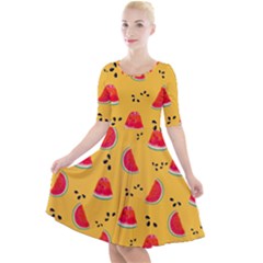 Slices Of Juicy Red Watermelon On A Yellow Background Quarter Sleeve A-line Dress by SychEva