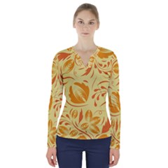 Folk Flowers Pattern V-neck Long Sleeve Top by Eskimos