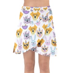 Funny Animal Faces With Glasses On A White Background Wrap Front Skirt by SychEva