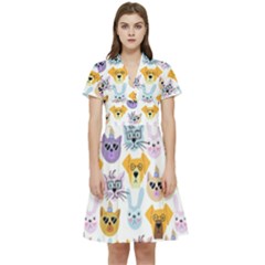 Funny Animal Faces With Glasses On A White Background Short Sleeve Waist Detail Dress by SychEva