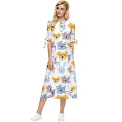 Funny Animal Faces With Glasses On A White Background Bow Sleeve Chiffon Midi Dress by SychEva