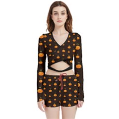 Halloween Pumpkins Pattern, Witch Hat Jack O  Lantern Velvet Wrap Crop Top And Shorts Set by Casemiro