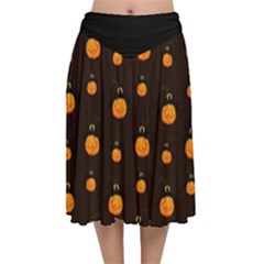 Halloween Pumpkins Pattern, Witch Hat Jack O  Lantern Velvet Flared Midi Skirt