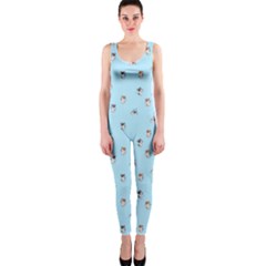Cute Kawaii Dogs Pattern At Sky Blue One Piece Catsuit