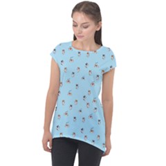 Cute Kawaii Dogs Pattern At Sky Blue Cap Sleeve High Low Top