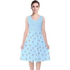 Cute Kawaii Dogs Pattern At Sky Blue V-neck Midi Sleeveless Dress  by Casemiro