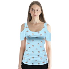 Cute Kawaii Dogs Pattern At Sky Blue Butterfly Sleeve Cutout Tee 